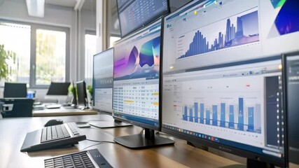 Wall Mural - A desk setup with two monitors and a keyboard in a modern office environment, Multiple screens in an office displaying different aspects of data analysis