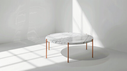 Poster - 
round marble table with copper frame and legs on a light grey background, a window shadow, a minimalistic interior design concept mockup, a close-up
