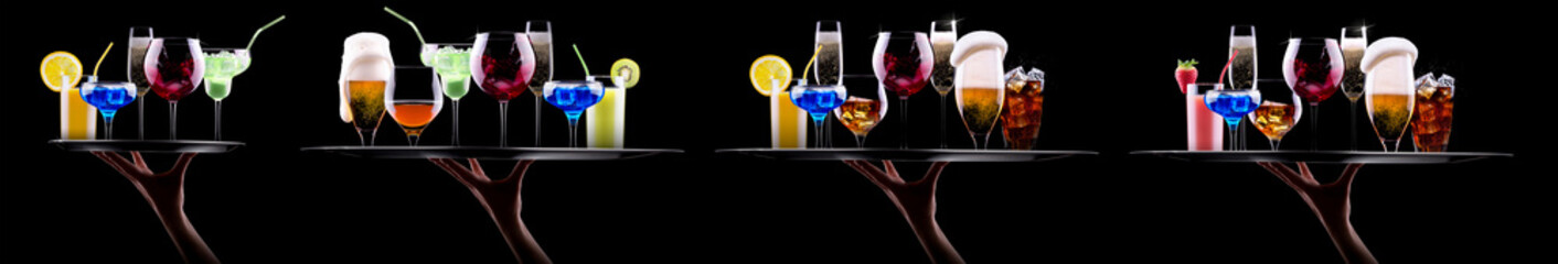 Wall Mural - Hand holding tray with different alcohol cocktails isolated on black background