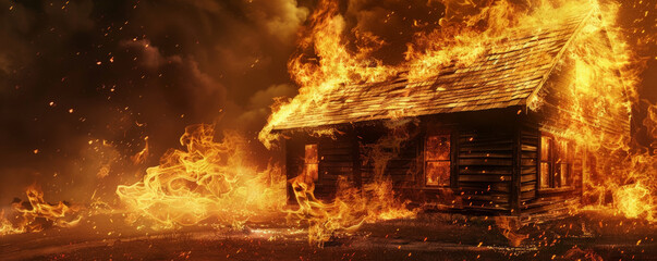 Wall Mural - A fire background featuring flames consuming a wooden cabin, creating a dramatic and intense visual effect.