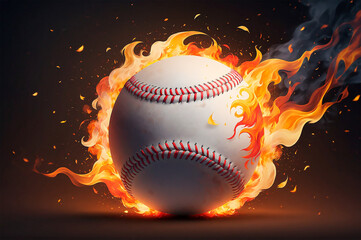 Fiery hot baseball ball kicked with power. Orange flame. Professional active sport.