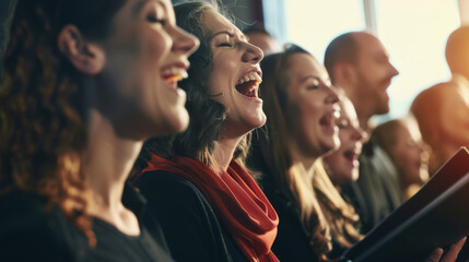 A lively group of people singing passionately, captured in mid-song, with joy and emotion reflecting on their faces.