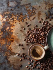 A cup of coffee sits next to a pile of coffee beans, perfect for a morning pick-me-up