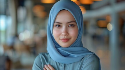 hijab girl, as a bank customer service, smiling, facing to camera