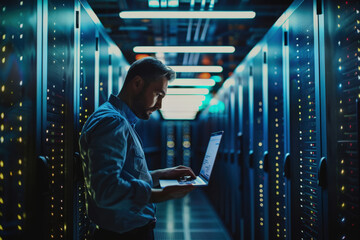 Poster - It specialist working on a laptop, surrounded by servers in a data center, ensures the smooth operation of the network