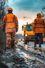 Wall Mural - Construction Workers in High Visibility Clothing on Muddy Road at Sunset with Truck in Background