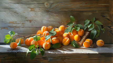 Poster - A vibrant arrangement of fresh apricots with green leaves, lying on a rustic wooden surface, bathed in soft natural light.