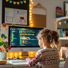 Poster - Young girl sitting at desk in her room, learning programming code using a personal computer, working from home, , online IT school, programming learning