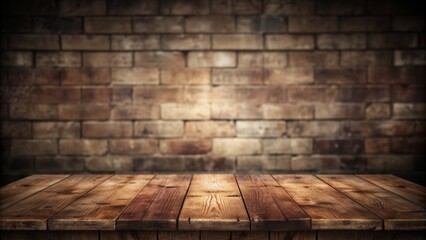 Poster - Old wood table with blurred concrete block wall