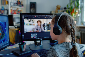 Poster - Schoolgirl wearing headphones sitting at desk and using computer for online learning at home during video conference with teacher