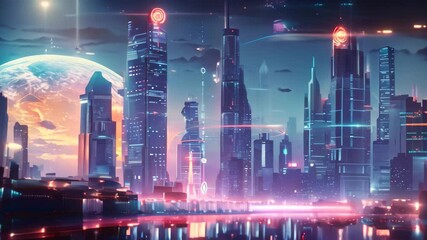 Poster - A futuristic city with neon buildings at night, a spaceship flies over the city, Neon cityscape with futuristic buildings and flying cars