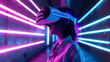 © VK Studio - A woman wearing a VR headset is immersed in a neon-lit virtual reality environment, experiencing futuristic technology.