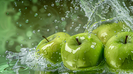 Wall Mural - Fresh green apples splash into water with vibrant drops frozen mid-air, signifying freshness and vitality.