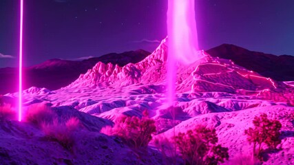 Poster - A mountain covered in snow under a purple sky, illuminated by neon lights at night, Neon lights illuminating the range at night