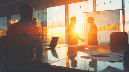 Silhouetted business professionals shake hands in a modern office during sunset, symbolizing a successful agreement and partnership.