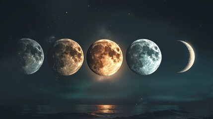 a digital artwork of the moon phases, illustrating its different stages from new moon to full moon.