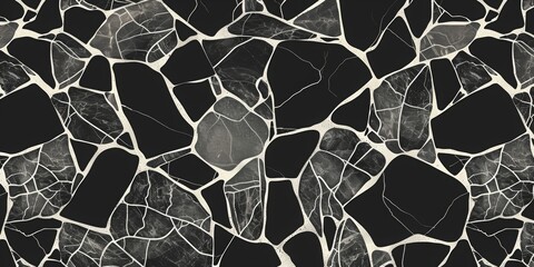 Wall Mural - stone drawing pattern, black background, white outline of cobblestone