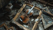 © VK Studio - An anthem of a once-grand violin resting amidst a cluttered and decayed environment, symbolizing beauty amidst decay and forgotten artistry.