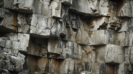 Poster - Abstract rock cliff background with copy space showing dangerous vertical wall with crumbling stone blocks in quarry texture