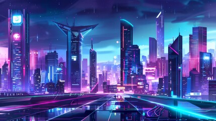 Poster - A futuristic cityscape with sleek skyscrapers and neon lights illuminating the night.