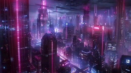 Poster - A futuristic cityscape with sleek skyscrapers and neon lights illuminating the night.
