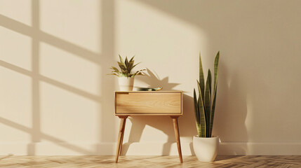 Poster - 3D rendering of a wooden side table with potted plants and a snake plant in a white pot on a light wood floor near a window. Mock up for interior design, home decor in the style of