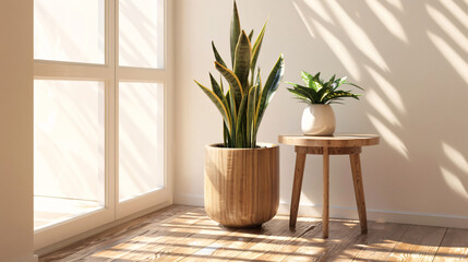 Poster - 3D rendering of a wooden side table with potted plants and a snake plant in a white pot on a light wood floor near a window. Mock up for interior design, home decor in the style of