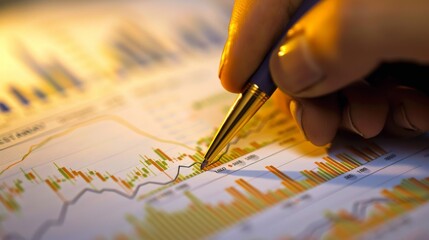 Aufkleber - A hand holding a pen, pointing to a stock market graph printed on paper during a strategy session.