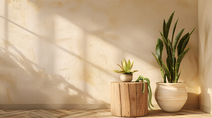 Poster - 3D rendering of a wooden side table with potted plants and a snake plant in a white pot on a light wood floor near a window. Mock up for interior design, home decor in the style of