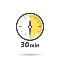 Poster - 30 minutes on stopwatch icon in flat style. Clock face timer vector illustration on isolated background. Countdown sign business concept.