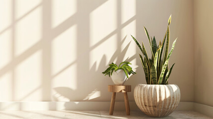Poster - 3D rendering of a wooden side table with potted plants and a snake plant in a white pot on a light wood floor near a window. Mock up for interior design, home decor in the style of