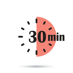 Wall Mural - 30 minutes on stopwatch icon in flat style. Clock face timer vector illustration on isolated background. Countdown sign business concept.