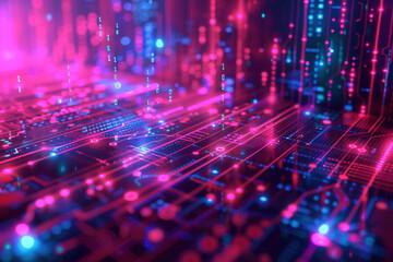 Poster - Abstract background showing digital data flowing through a circuit board with binary code, representing digital information, technology, and computing