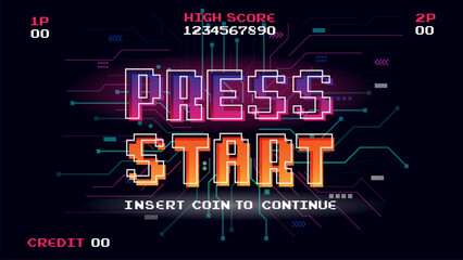 Aufkleber - PRESS START INSERT A COIN TO CONTINUE .pixel art .8 bit game.retro game. for game assets in vector illustrations.Retro Futurism Sci-Fi Background. glowing neon grid.and stars from vintage arcade comp