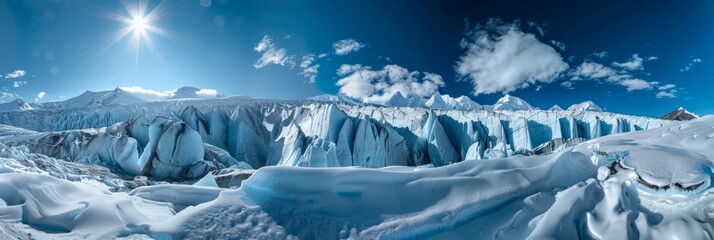 A stunning glacier with ice formations and a bright blue sky