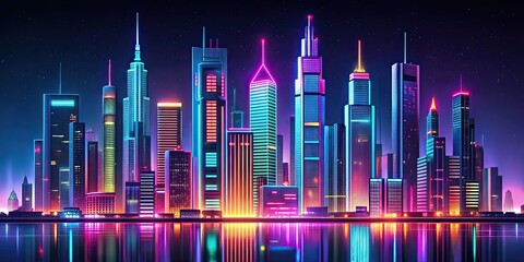 Canvas Print - Long, thin metropolis in neon art style with intriguing buildings and skyscrapers, Neon, Art style, Metropolis