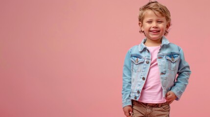 Wall Mural - Young boy smiles happily against pink backdrop, wearing blue denim