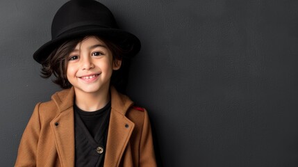 Wall Mural - A boy in brown coat and black hat smiles against dark backdrop