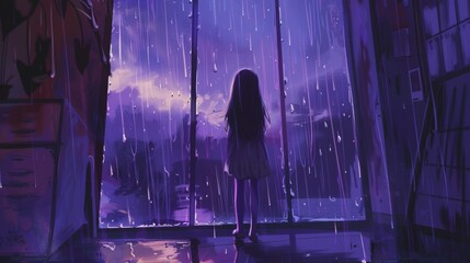 picture of a beautiful anime girl standing infront of the window in the rain night, rain outside of the window, watercolor painting aesthetics, warm relaxing tones