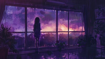 picture of a beautiful anime girl standing infront of the window in the rain night, rain outside of the window, watercolor painting aesthetics, warm relaxing tones