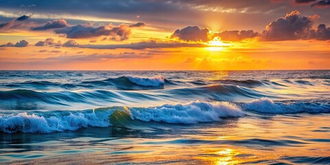 Wall Mural - Symphony of light reflecting on ocean waves at dusk, celestial, shores, sunset, dusk, waves, water, ocean, reflection, light