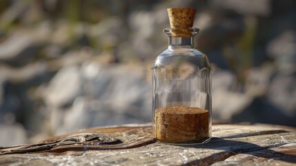 Poster - Glass bottle with cork stopper on tree stump