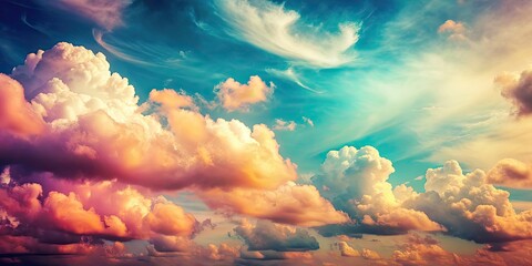 Poster - Vintage style sky with vibrant colors and fluffy clouds , retro, nostalgic, sky, clouds, vintage, colorful, classic