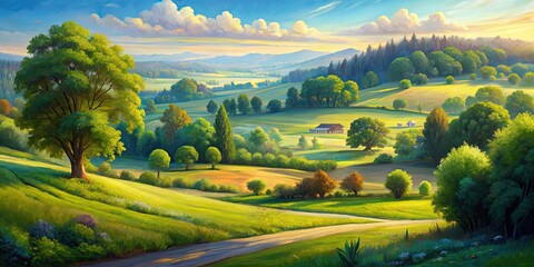 Sticker - Serene countryside plein air painting capturing lush landscape and interplay of light, countryside, serene, plein air