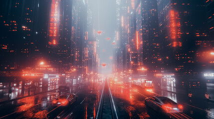 Poster - Autonomous drones delivering packages in a futuristic city, people using self-driving cars on the streets below, advanced high-tech urban landscape.