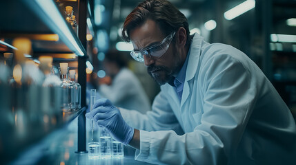 Poster - High-tech laboratory with scientists utilizing advanced robotics and AI algorithms for experiments and data analysis, futuristic research setting.
