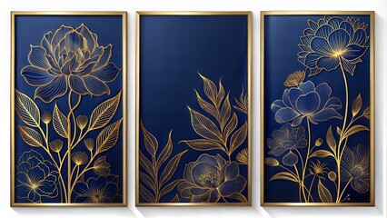 Wall Mural - Set of three vertical poster, minimalist line art floral