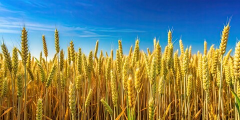 Sticker - Wheat beans growing in a field under a clear blue sky, agriculture, farm, crops, growth, agriculture, food, sustainability