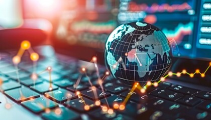 Aufkleber - Global finance concept with digital data and a globe on a keyboard. Represents stock market trading. Modern technology, data analysis.