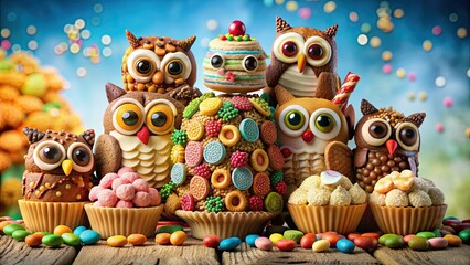 Canvas Print - Owls celebrating with a towering display of candy and cookies , owls, celebration, candy, cookies, party, festive, sweet treats